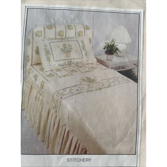 Lady Pepperell No-Iron Twin Flat Sheet Stitchery Design 39x75 In Finished 66x96 - Picture 7 of 8